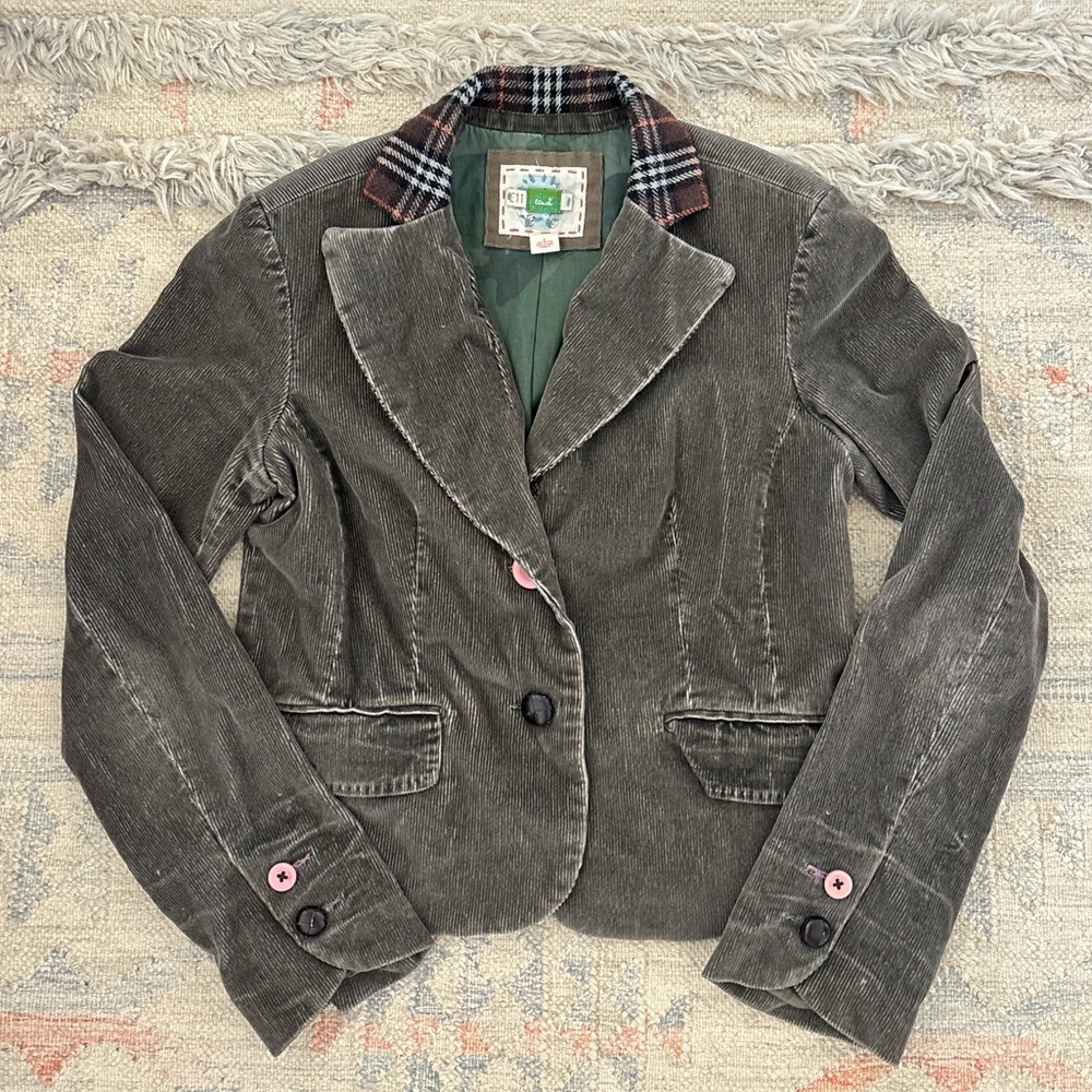 Brown Green Corduroy Blazer with Plaid Collar by Ett:Twa (Anthropologie)